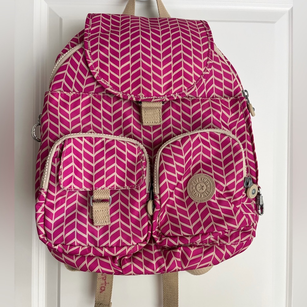 Kipling Hot Pink Chevron Mini Backpack with Beige Accents